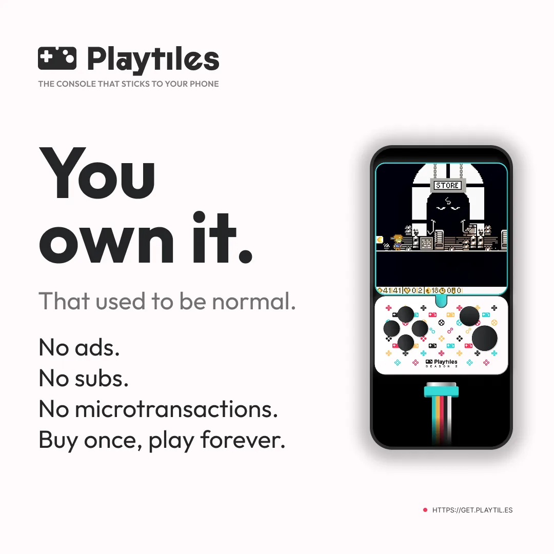 A phone running a Game Boy style game with a Playtiles controller attached