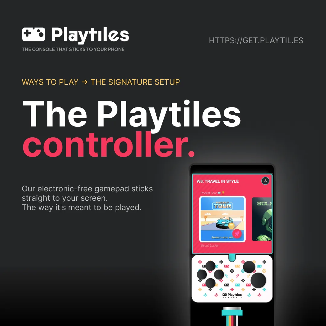 A Playtiles controller stuck to a phone screen, showing the game hub above it