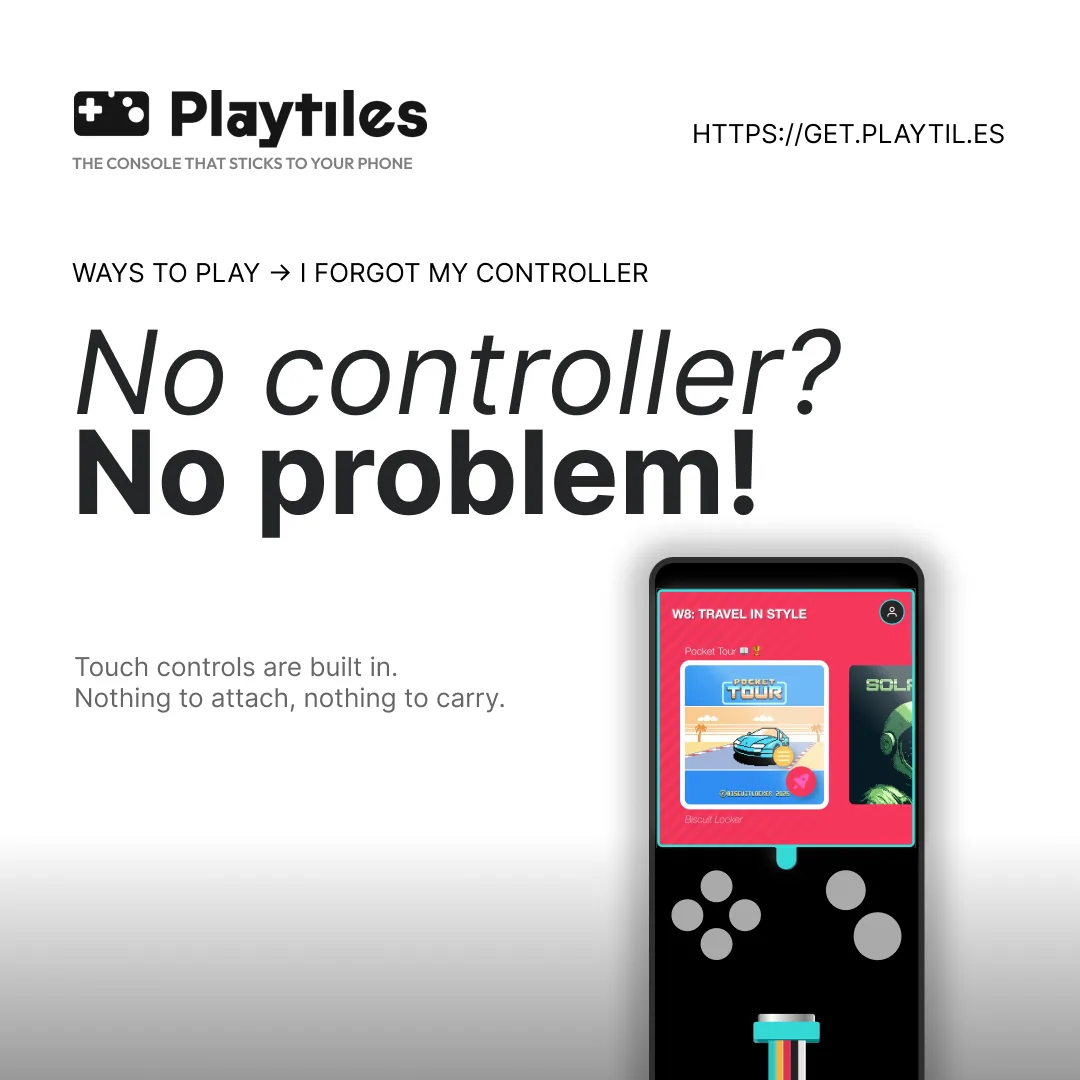 A phone running Playtiles with on-screen touch controls and no physical controller