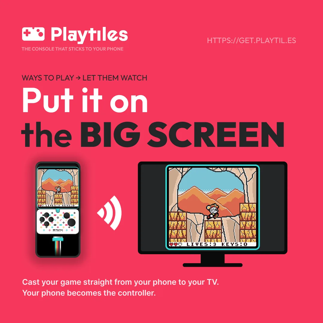 A game casting from a phone with a Playtiles controller attached to a television